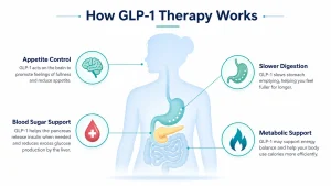 Medical infographic showing how GLP-1 therapy works for appetite and metabolism