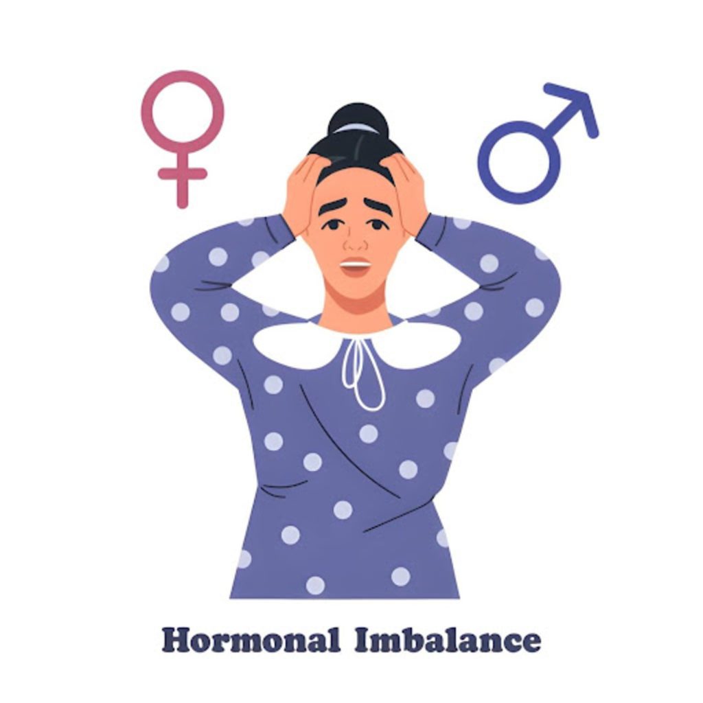 Illustration of a stressed woman holding her head with male and female symbols, representing hormonal