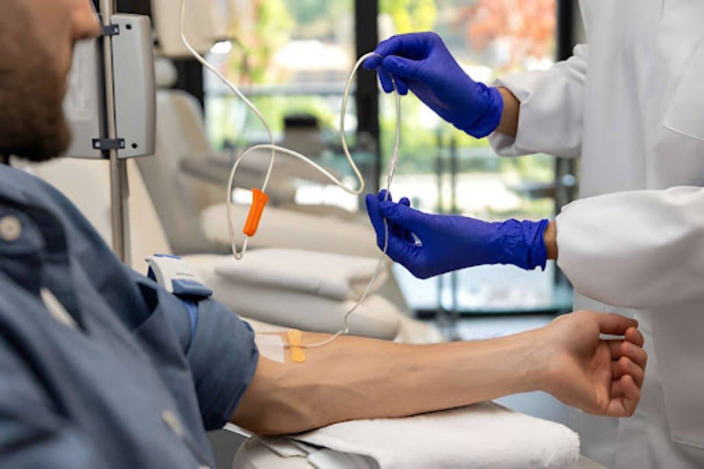 Healthcare professionals wearing gloves preparing an IV line for a patient seated in a clinic chair for hydration or nutrient therapy.